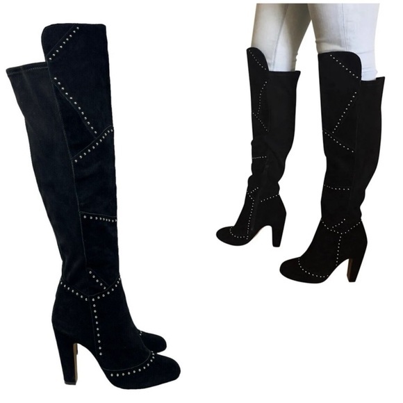 VINCE CAMUTO Carlene Black Embellished Leather Suede Over The Knee Boots 6 1/2M - Picture 1 of 17